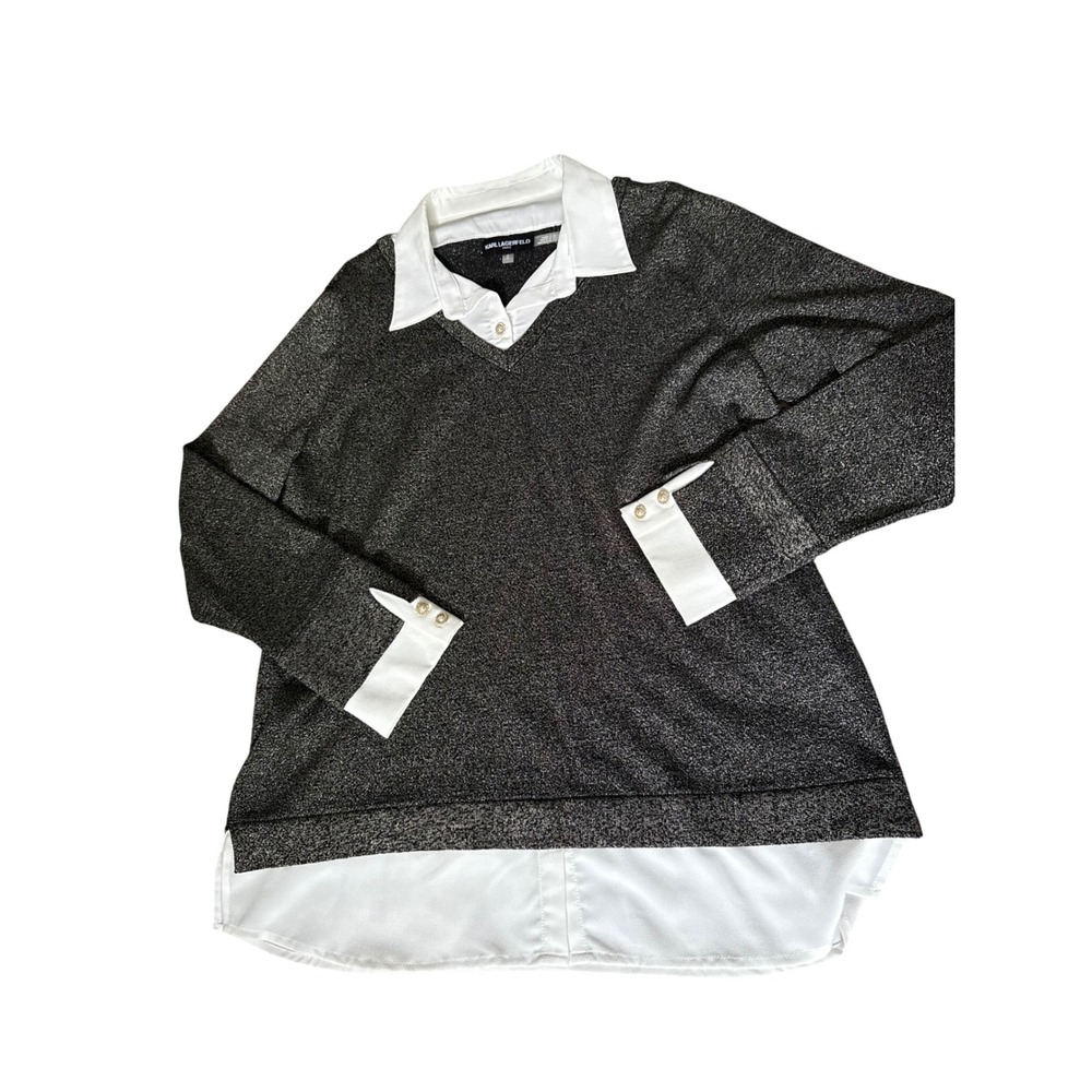 Karl Lagerfeld Paris 2-in-1 Metallic Sweater Layered Shirt Grey White Womens M